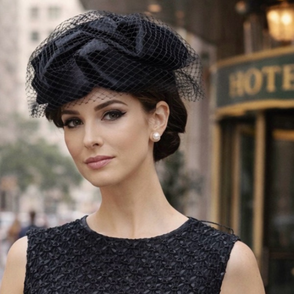 *Vintage- Elegant Black Veiled, satin petal Hat - 50’s/60’s union tag